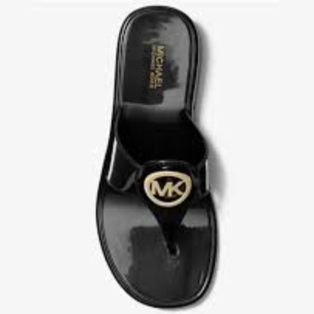 Michael Kors LILLIE Sandals Flip Flops Black jelly gold logo NEW Choose Size - Picture 1 of 4